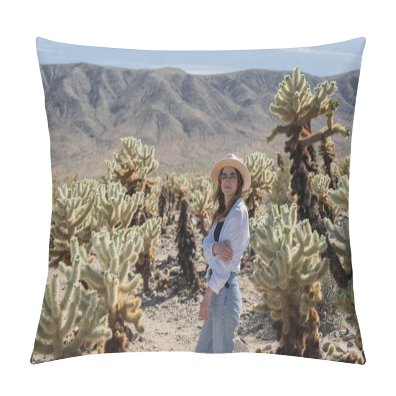 Personality  Woman Visiting Joshua Tree National Park, Enjoy Cholla Cactus Garden Pillow Covers