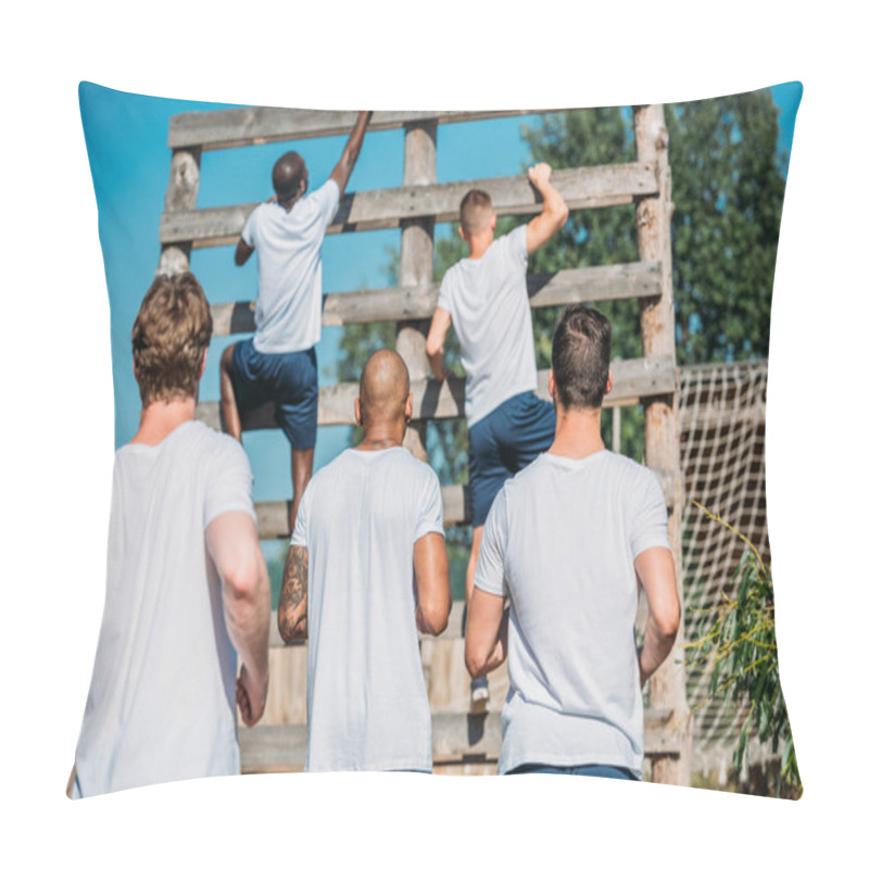 Personality  Back View Of Multicultural Soldiers Practicing Obstacle Run On Range On Summer Day Pillow Covers