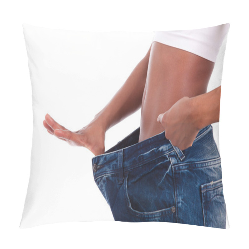 Personality  Young African Woman In Old Jeans Pant After Losing Weight Pillow Covers