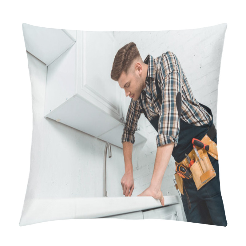 Personality  Handsome Installer Standing Near Faucet In Kitchen  Pillow Covers