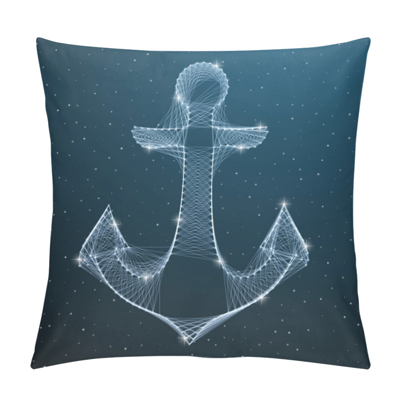 Personality  Nautical Anchor Low Poly Digital Silhouette With Lines And Dots On Blue Dark Star Sky. Polygonal 3d Marine Anchor Connection. Vector Illustration Pillow Covers