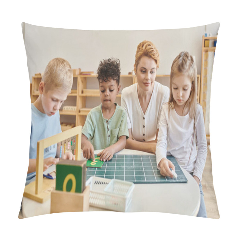 Personality  Montessori School Concept, Multicultural Children, Girl Writing On Chalkboard Near Teacher And Boys Pillow Covers