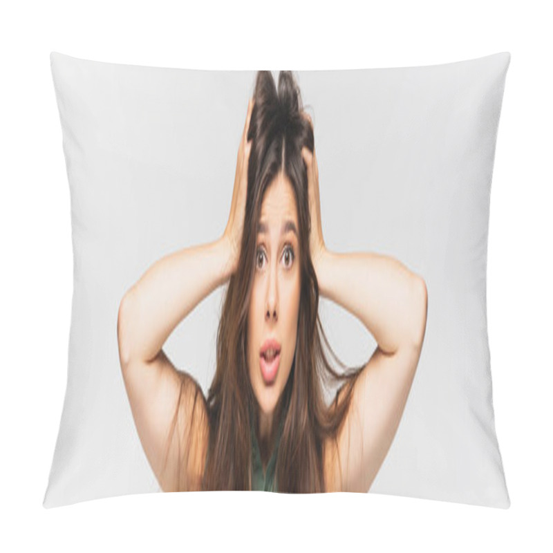 Personality  Displeased Young Woman With Tousled Long Hair Isolated On Grey, Banner Pillow Covers