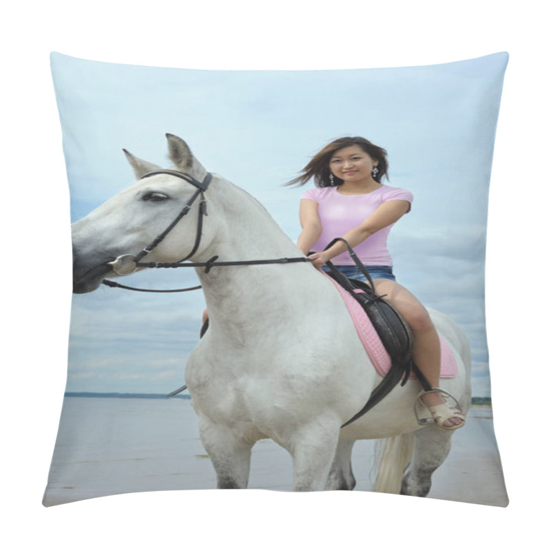 Personality  Young Pretty Asian Woman Riding White Horse Pillow Covers