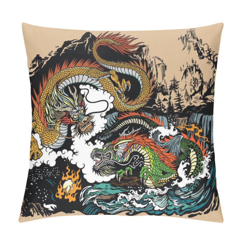 Personality  Two Chinese East Asian Dragons Encircling A Flaming Pearl. Landscape With Waterfalls, Mountains, Clouds And Water Waves. Graphic Style Vector Illustration Pillow Covers