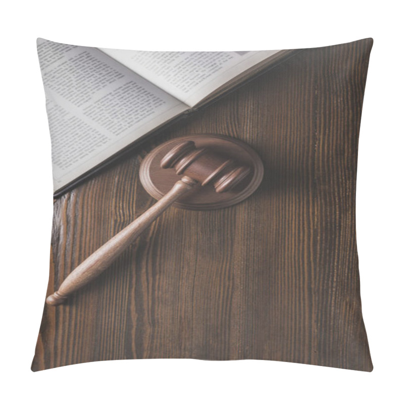 Personality  Opened Juridical Book With Hammer On Wooden Table, Law Concept Pillow Covers