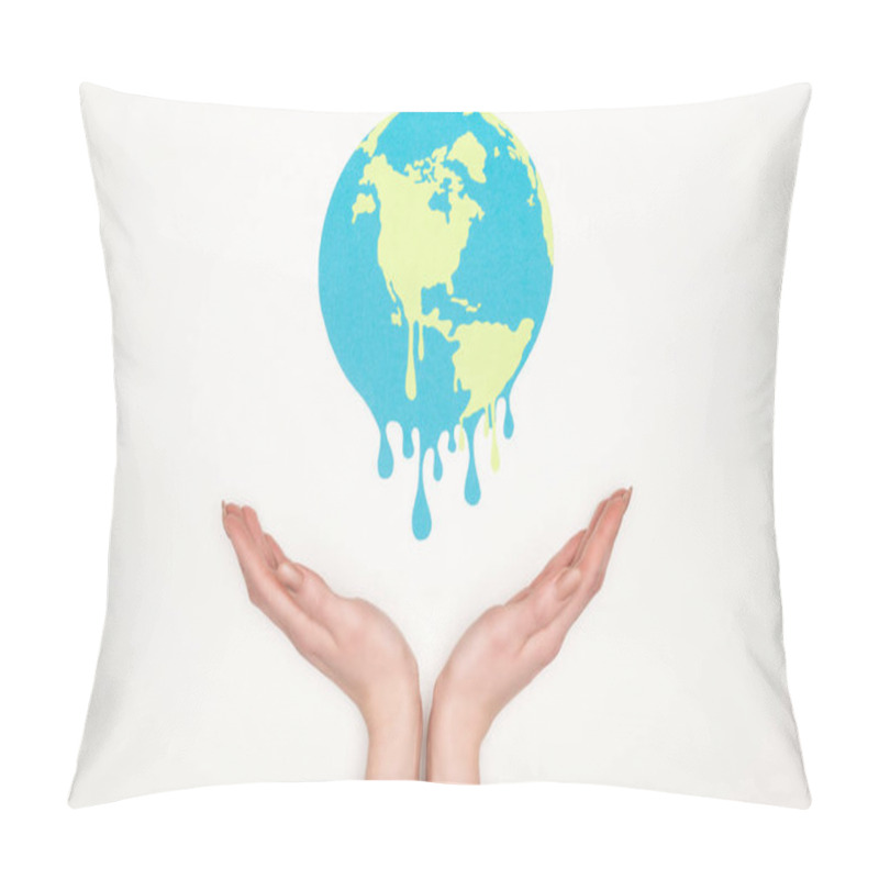 Personality  Cropped View Of Woman Holding Open Hands Under Paper Cut Melting Globe On White Background, Global Warming Concept Pillow Covers