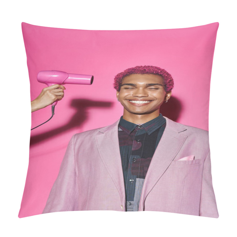 Personality  Cheerful Man Acting Like Male Doll In Vibrant Attire Posing On Pink Backdrop, Hand With Hairdryer Pillow Covers