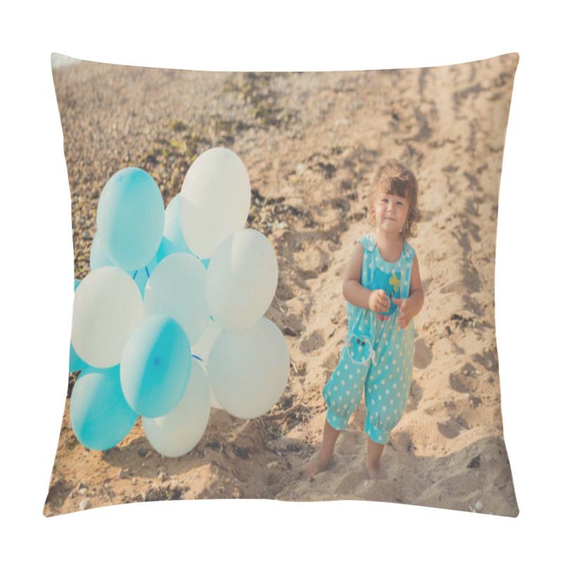 Personality  Baby Cute Girl With Blond Hair And Pink Apple Cheek Enjoying Summer Time Holiday Posing On Sand Beach Sea Side With Blue White Balloons Wearing Casual Kids Clothes Pillow Covers