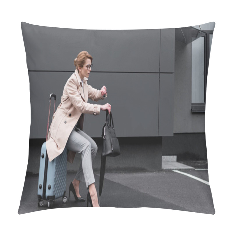 Personality  Businesswoman In Stylish Coat Sitting On Suitcase While Waiting For Taxi On Street Pillow Covers