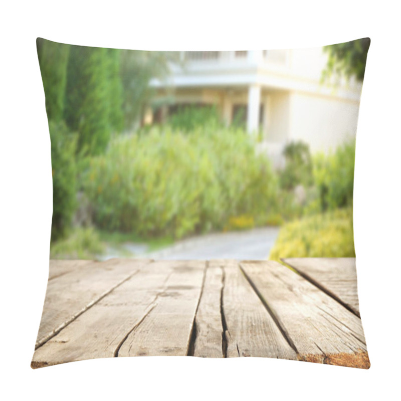 Personality  Empty Wooden Table And Beautiful Garden On Background Pillow Covers