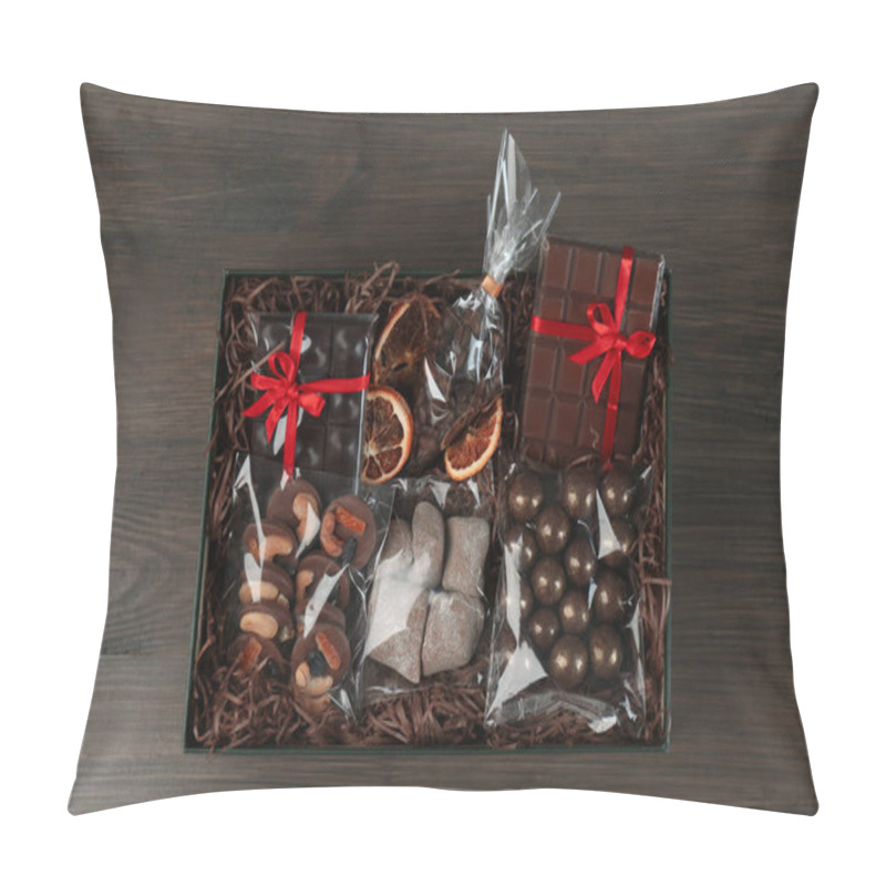 Personality  Gift Box With Chocolate And Sweets On Wooden Table, Top View Pillow Covers