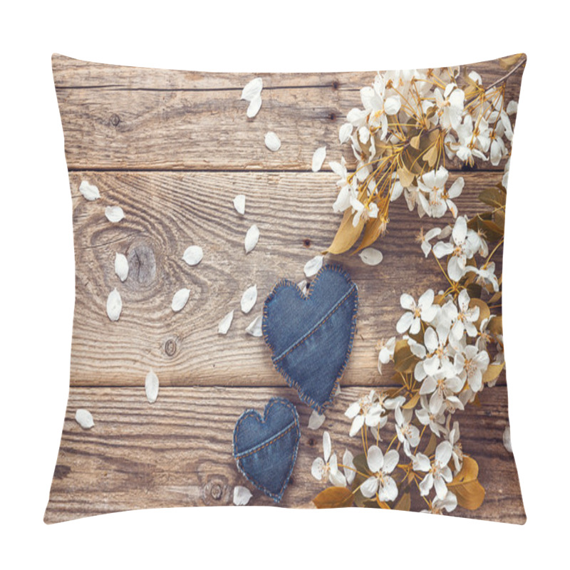 Personality  Blossoms Branch Of Apple And Denim Heart Shape On Wooden Backgro Pillow Covers