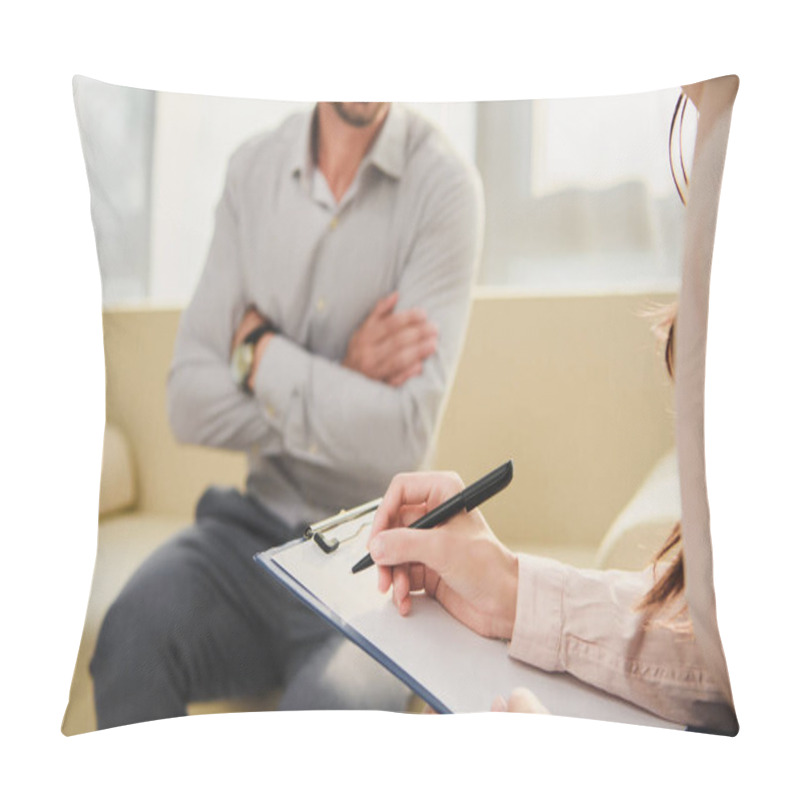 Personality  Cropped View Of Patient And Psychologist Writing Diagnosis In Clipboard In Office Pillow Covers