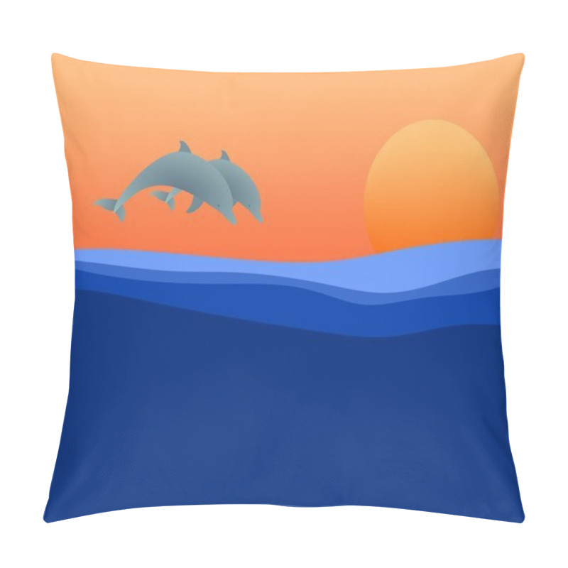 Personality  Summer Landscape With A Sunset With Two Jumping Dolphins Above The Sea Surface With Waves With Orange Sun And Orange Sky Pillow Covers