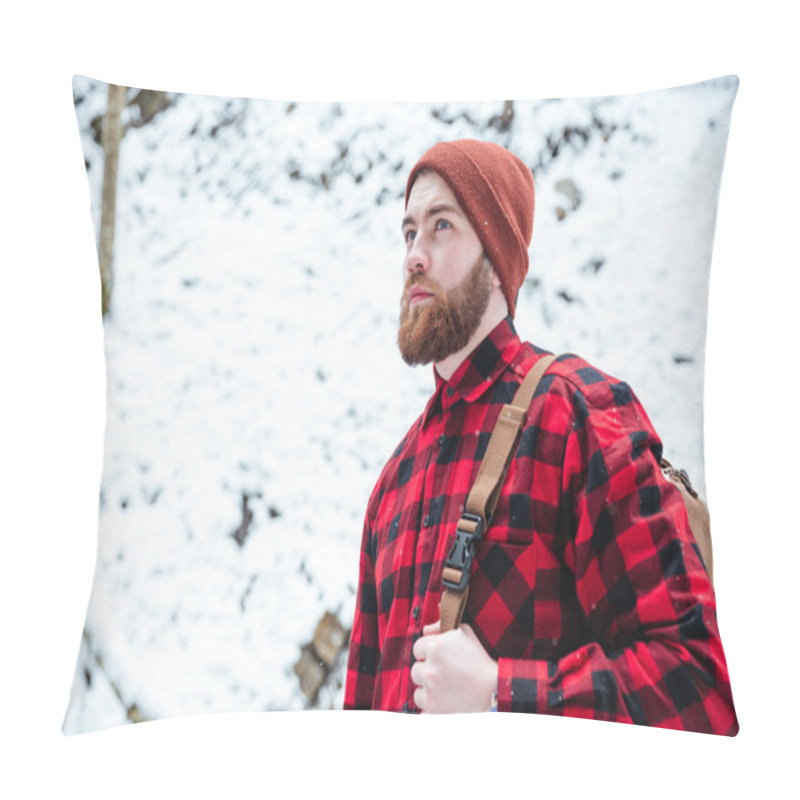 Personality  Bearded Man With Backpack In Winter Mountain Forest Pillow Covers