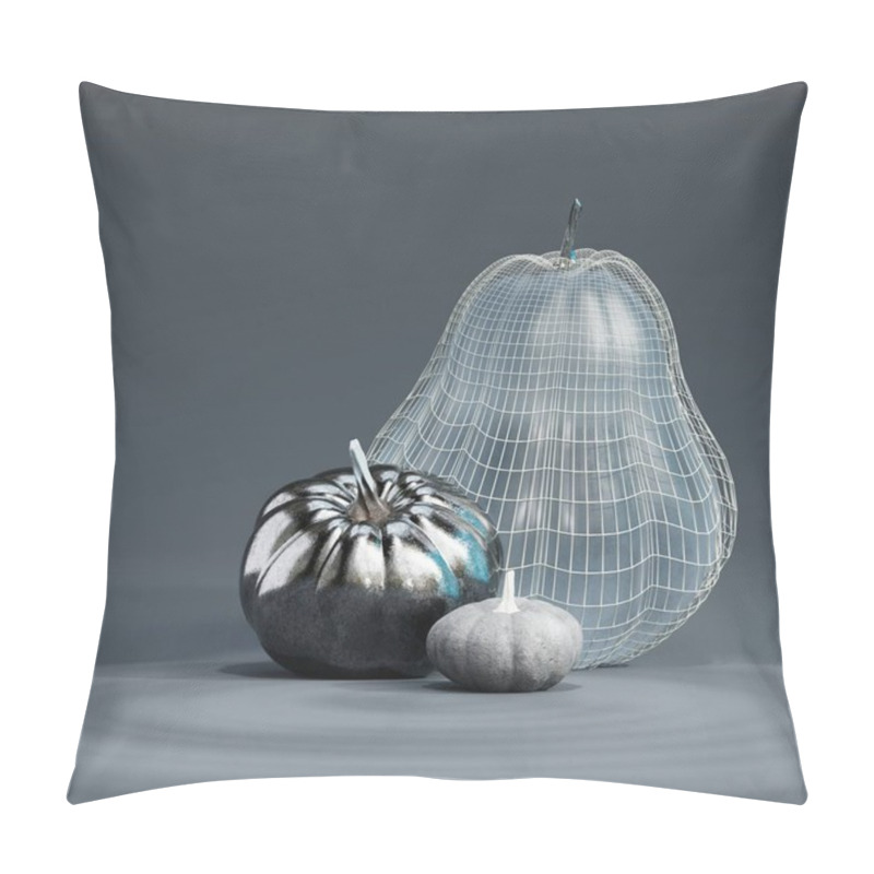 Personality  Stylish 3D Arrangement Of Metallic Pumpkins And A Pear With A Wireframe Texture. Pillow Covers