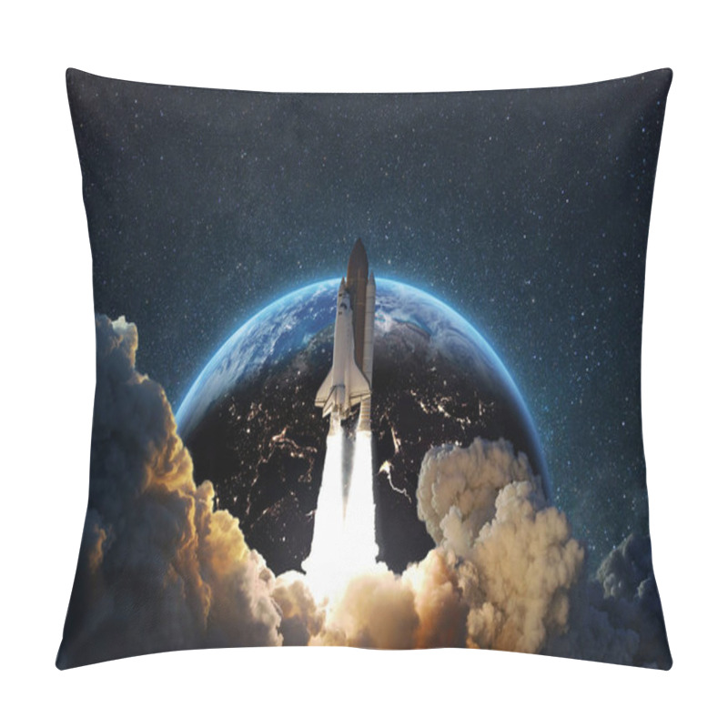 Personality  Rocket Successful Takeoff Into Deep Starry Space Against The Backdrop Of The Blue Earth Planet. Spaceship At Launch From Earth, Concept  Pillow Covers