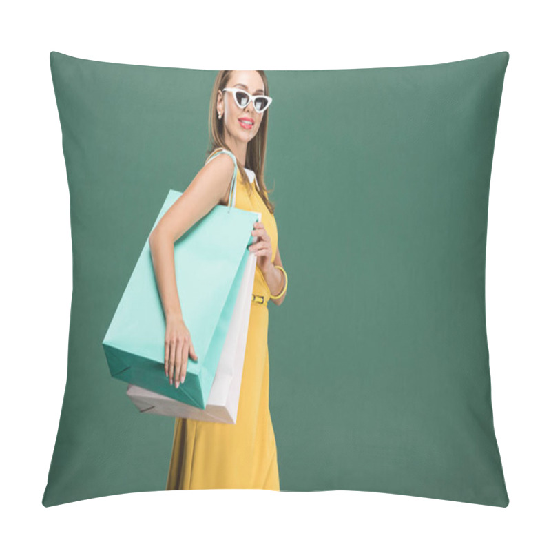 Personality  Stylish Woman In Yellow Dress And Sunglasses With Shopping Bags Isolated On Green  Pillow Covers