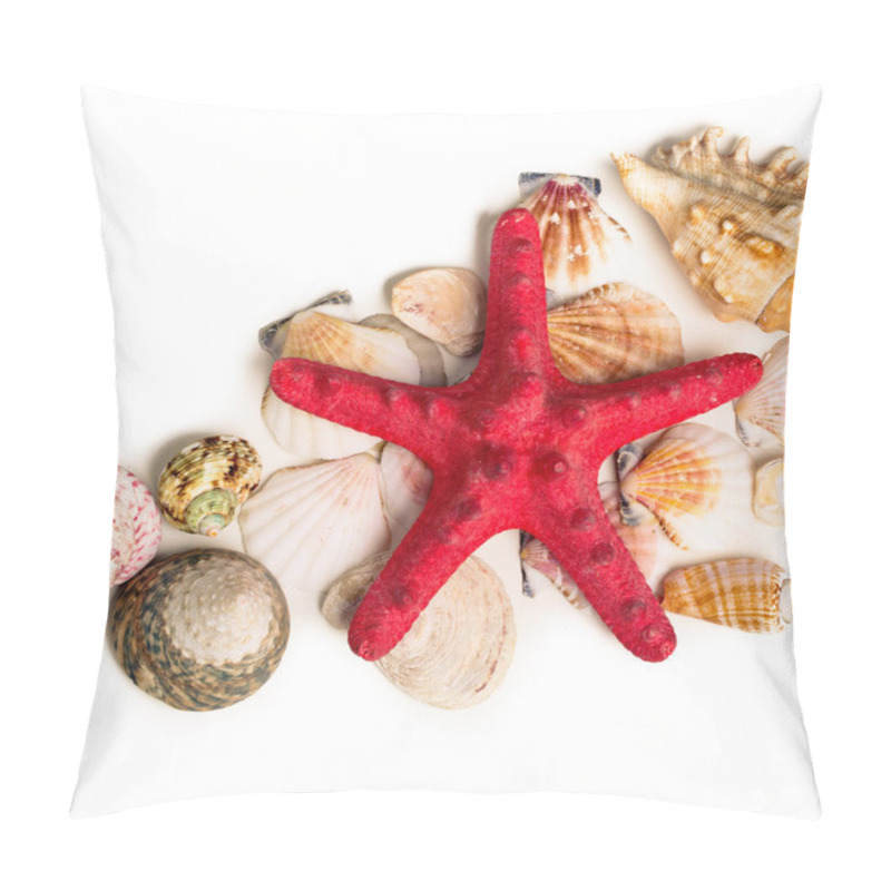 Personality  A Red Starfish And Various Seashells Lying On Sand Pillow Covers