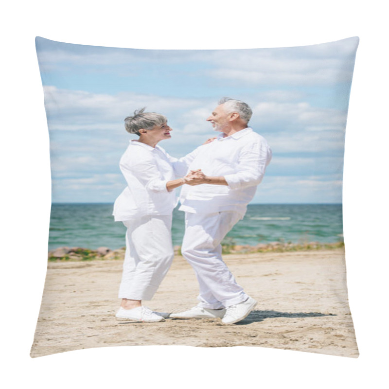 Personality  Full Length View Of Happy Senior Couple Looking At Each Other While Dancing At Beach Pillow Covers