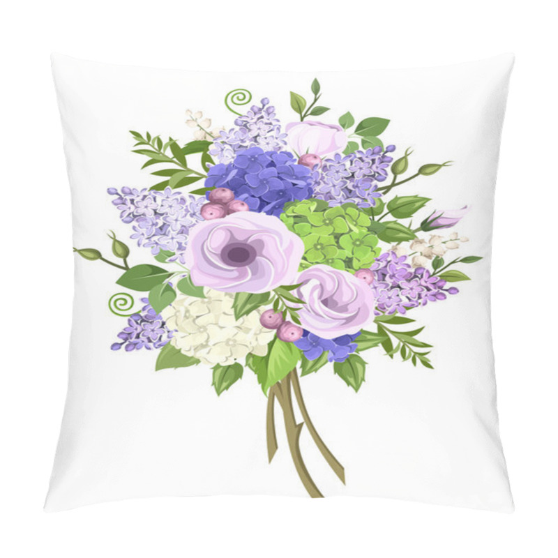 Personality  Bouquet Of Purple, Blue, White And Green Flowers. Vector Illustration. Pillow Covers