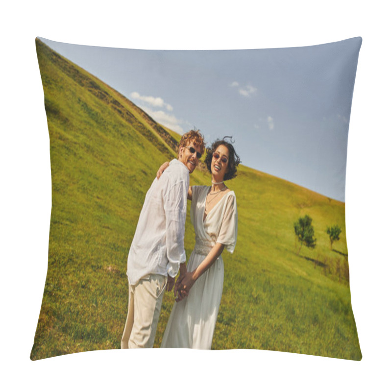 Personality  Rural Wedding In Countryside, Multiethnic Newlyweds In Wedding Gown Looking At Camera In Green Field Pillow Covers