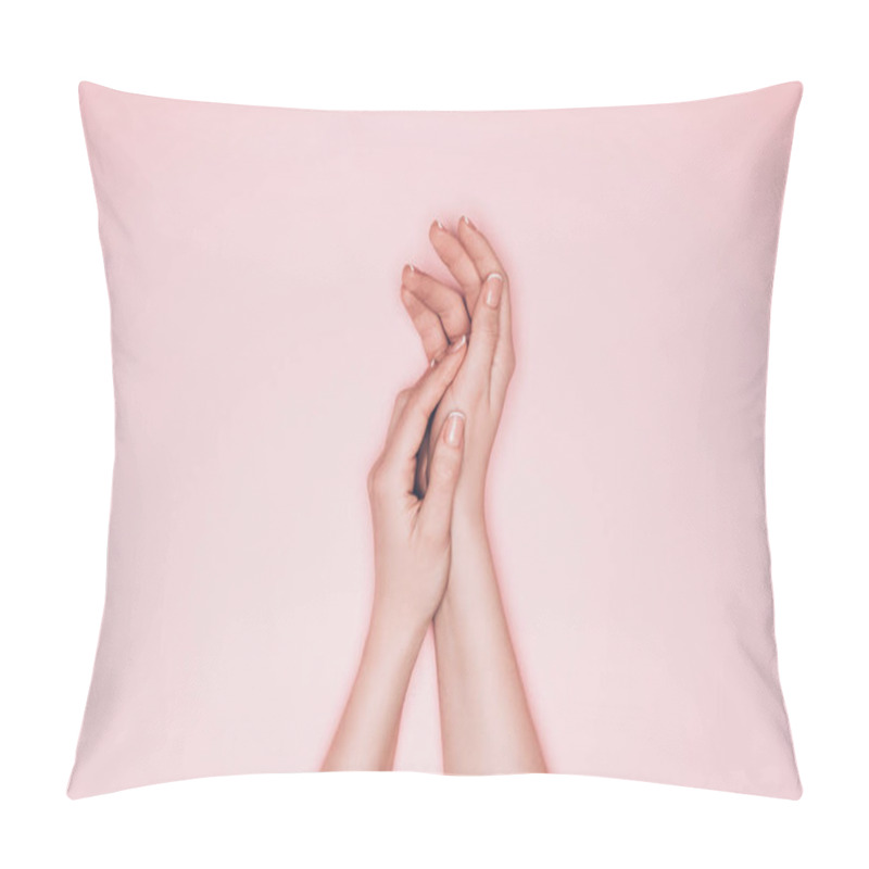 Personality  Cropped Shot Of Female Hands With Perfect Skin Isolated On Pink Pillow Covers