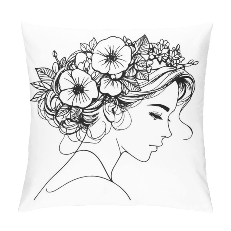 Personality  Elegant Linear Portrait Of A Young Woman With Flowers In Her Hair. Opulent, Contemporary Illustration With Soft Black Lines On A White Backdrop In Boho Style. Pillow Covers