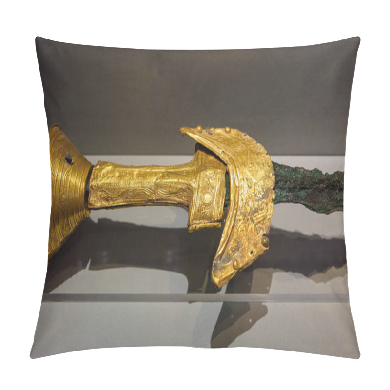 Personality  Athens - May 7, 2018: Ornate Sword With Gold Hilt Revetment From Greek Mycenae (Mykines) In National Archaeological Museum Of Athens, Greece. Steel Arms, Jewelry And History Of Ancient Civilization. Pillow Covers