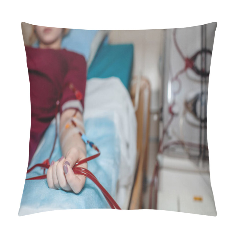 Personality  Young Girl On Hemodialysis In Hospital, Dialysis System Equipment, Kidney Disease Chronic Patient Pillow Covers