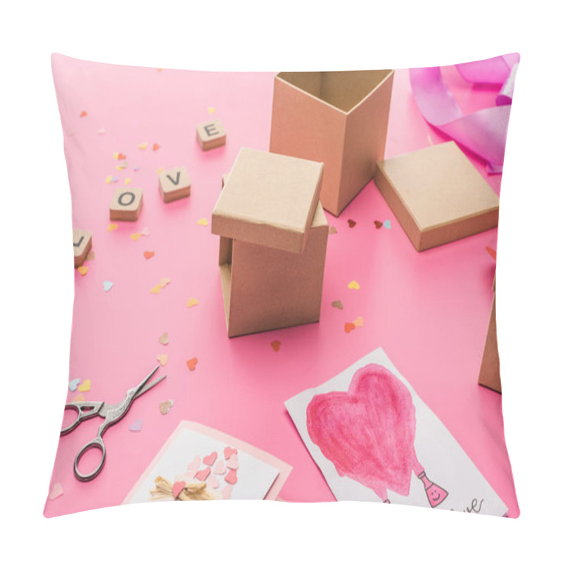 Personality  Valentines Confetti, Scissors, Gift Boxes, Greeting Cards And Love Lettering On Wooden Cubes On Pink Background Pillow Covers