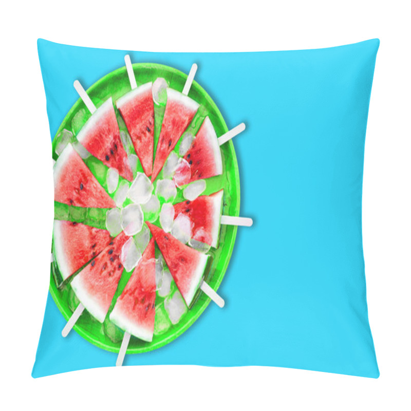 Personality  Slice Of Watermelon With Ice Cubes On A Blue Background Pillow Covers