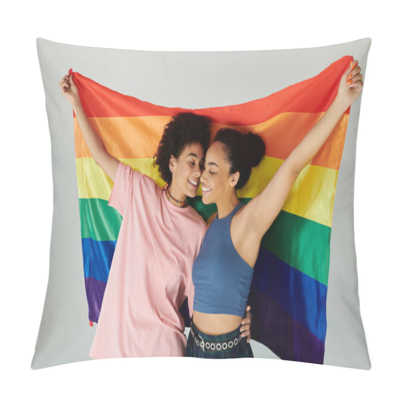 Personality  Two Friends Warmly Embrace While Holding A Rainbow Flag, Celebrating Love And Diversity Together. Pillow Covers