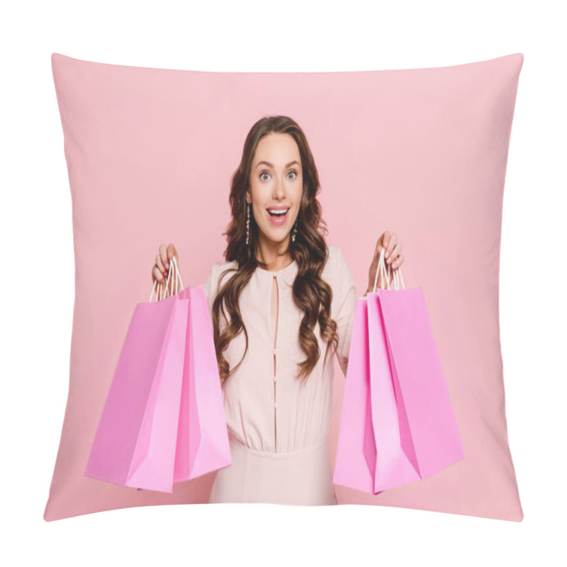 Personality  Excited Young Woman Holding Shopping Bags Isolated On Pink  Pillow Covers