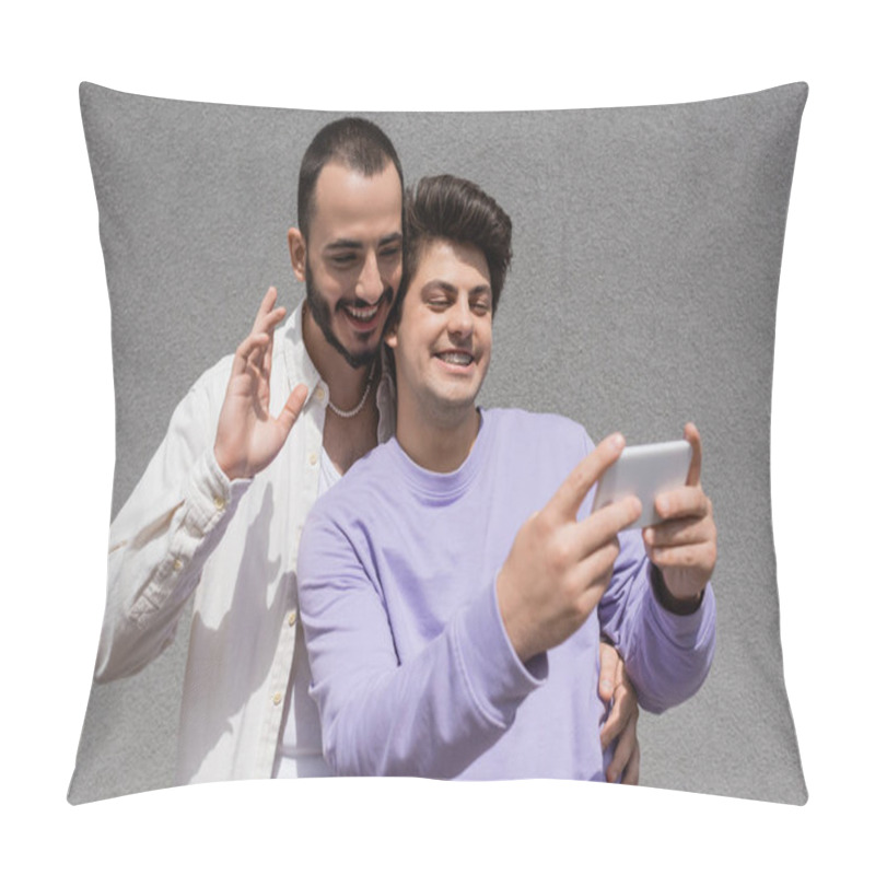 Personality  Smiling Gay Couple In Casual Clothes Having Video Call On Blurred Smartphone While Standing Together Near Building On Urban Street At Daytime   Pillow Covers