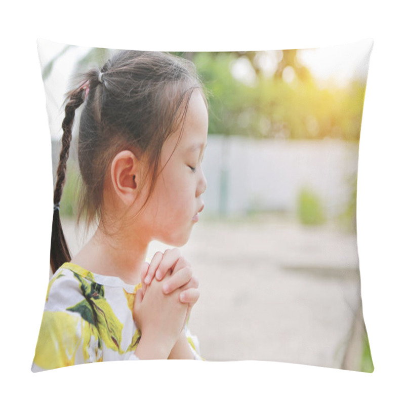 Personality  Cute Little Girl Praying Outdoor Garden. Spirituality And Religion Concept. Pillow Covers