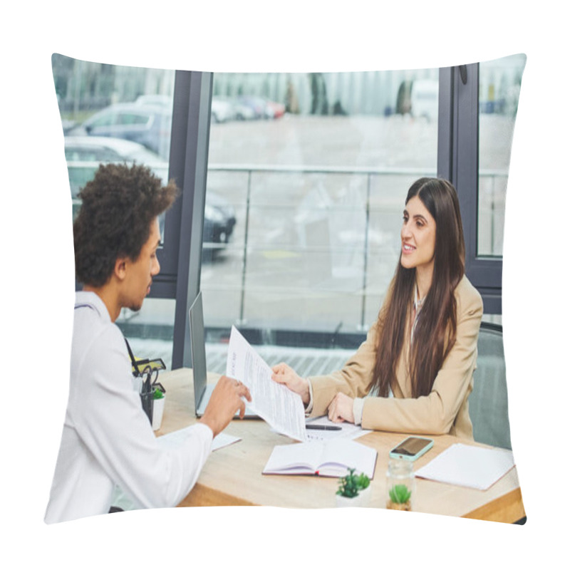 Personality  Two People Engrossed In Conversation At Table During Job Interview. Pillow Covers