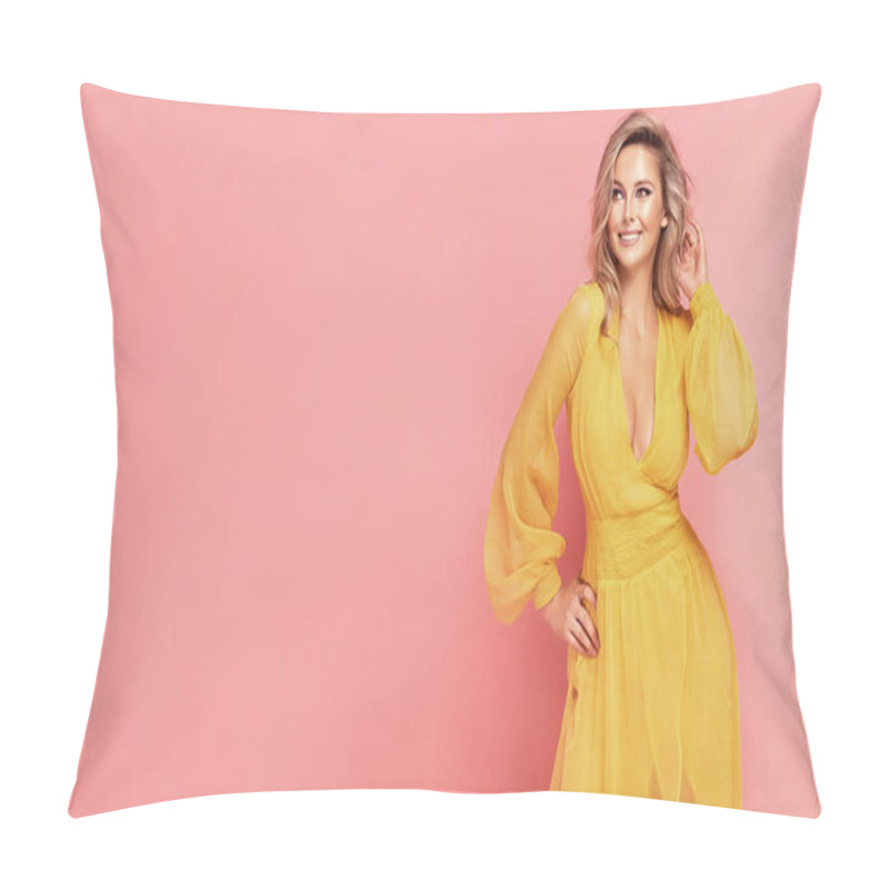 Personality  Happy Young Blonde Woman In Maxi Yellow Dress , Posing On Pink Pastel Studio Background. Pillow Covers