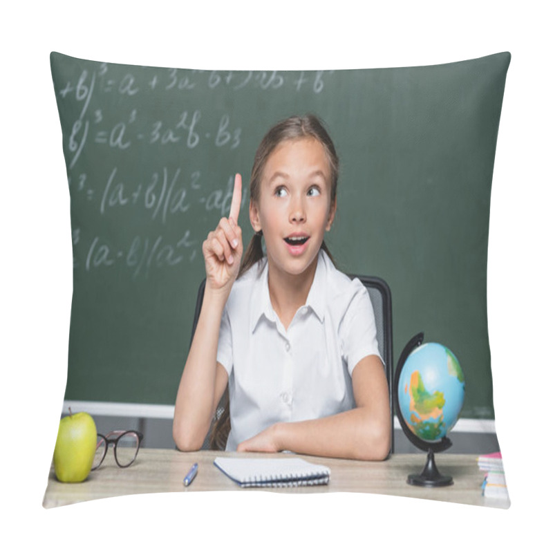 Personality  Amazed Schoolgirl Showing Idea Gesture Near Globe, Notebook And Blurred Chalkboard Pillow Covers