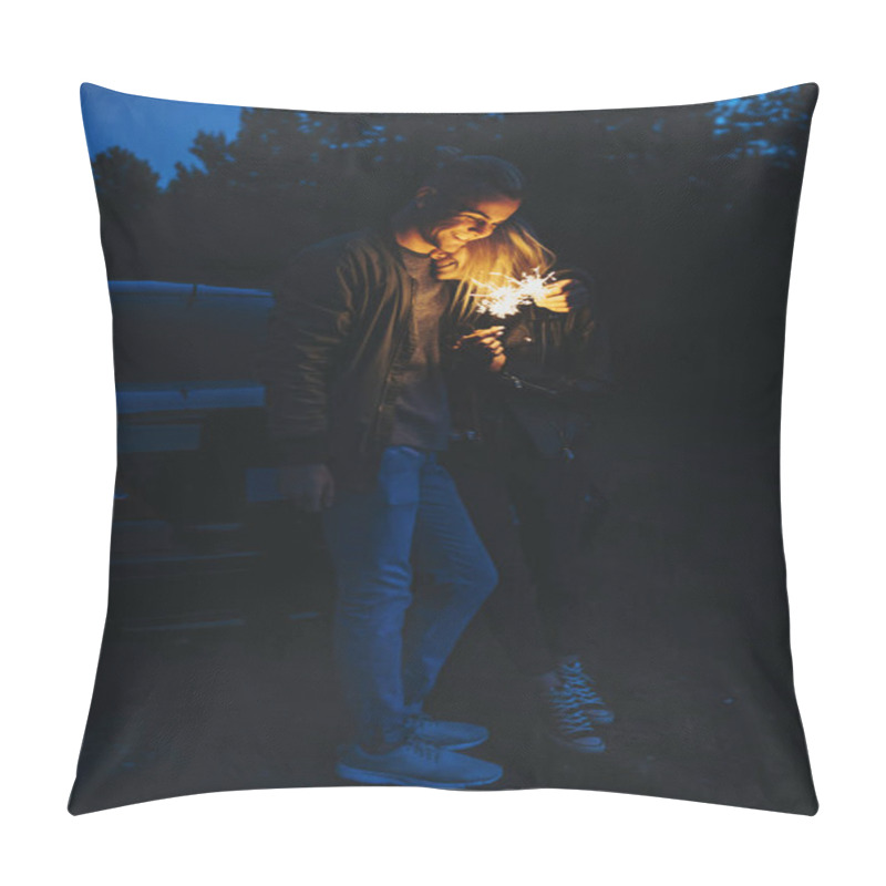 Personality  Full Length Portrait Of A Lovely Couple Leaning On Their Car In The Night While Embracing And Having Fun With Sparkles. Pillow Covers