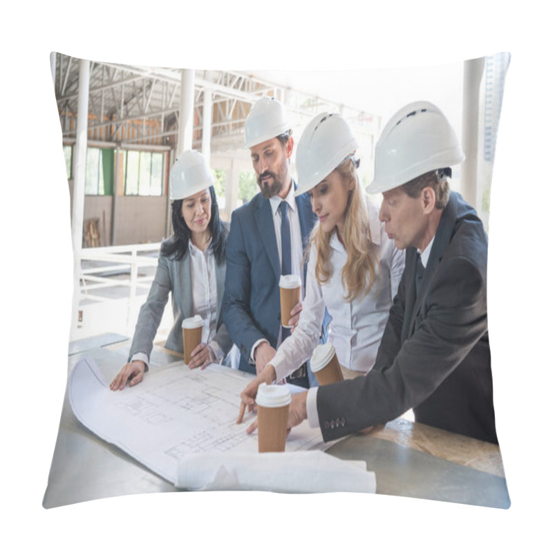 Personality  Contractors In Formal Wear Working With Blueprints Pillow Covers