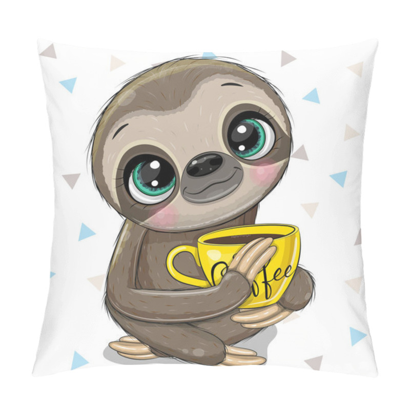 Personality  Cartoon Sloth With A Yellow Cup Of Coffee Pillow Covers