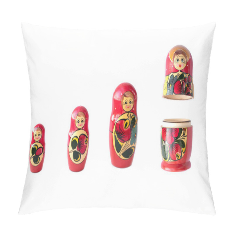 Personality  Matryoshka Doll Set In A Row Isolated. A Symbol Of The Feminine Side Of Russian Traditional And Culture. Wooden Doll Toys. Crafts, Painting And Art. Pillow Covers