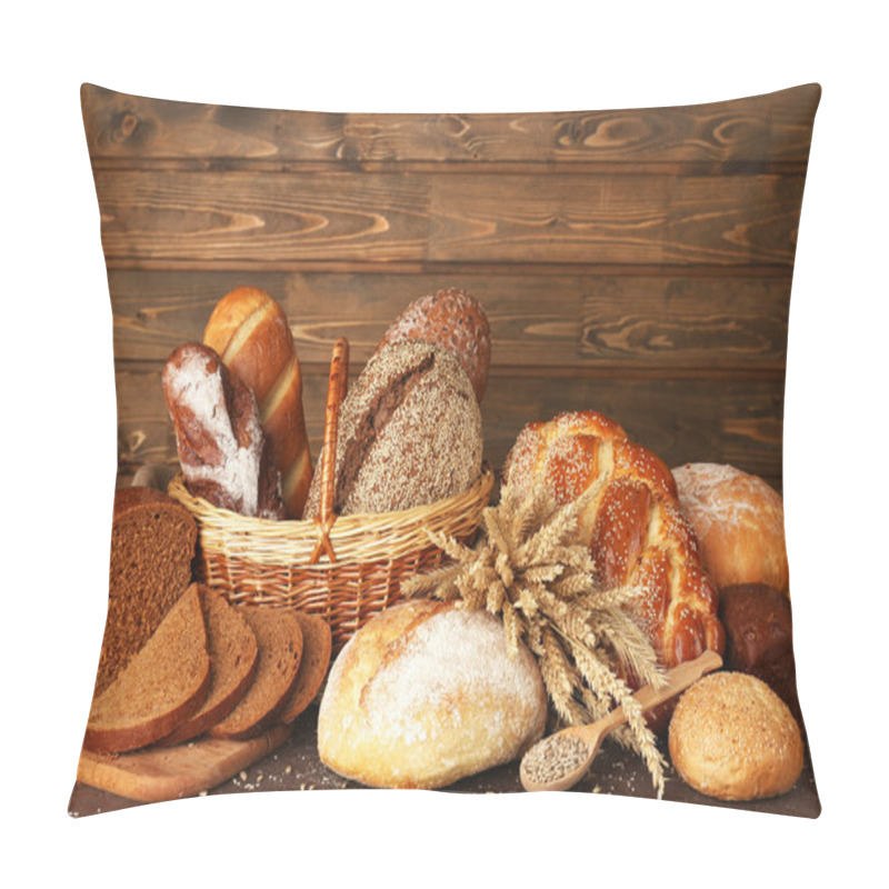 Personality  Different Bread With Ears And Sunflower Seeds On Wooden Background Pillow Covers