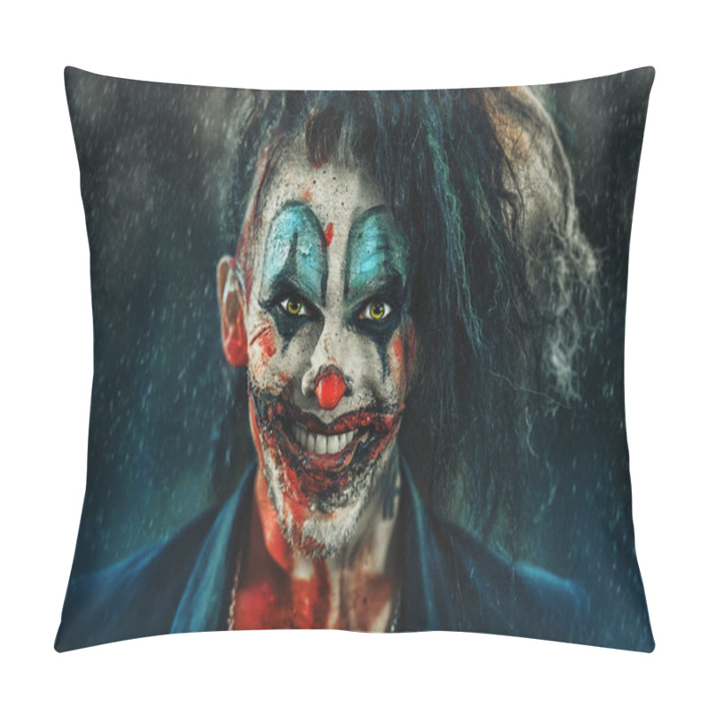 Personality  Close-up Portrait Of A Scary Punk Clown Man Smeared With Blood In A Night Forest. Halloween. Horror, Thriller Film. Pillow Covers