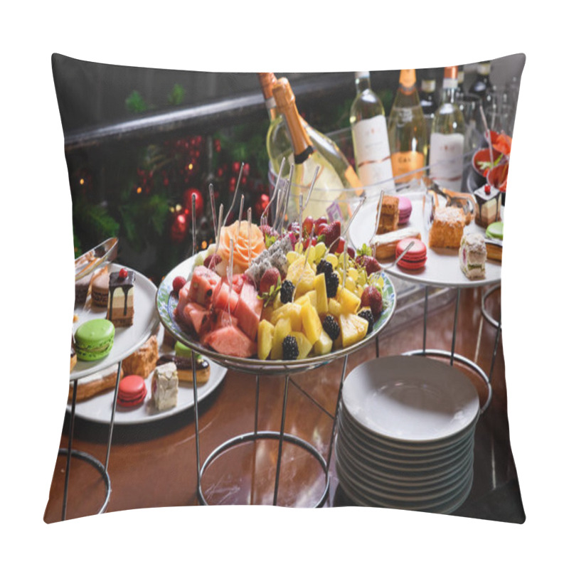 Personality  Sliced Fruit On A Plate With Skewers And Plates Of Sweets. Pillow Covers