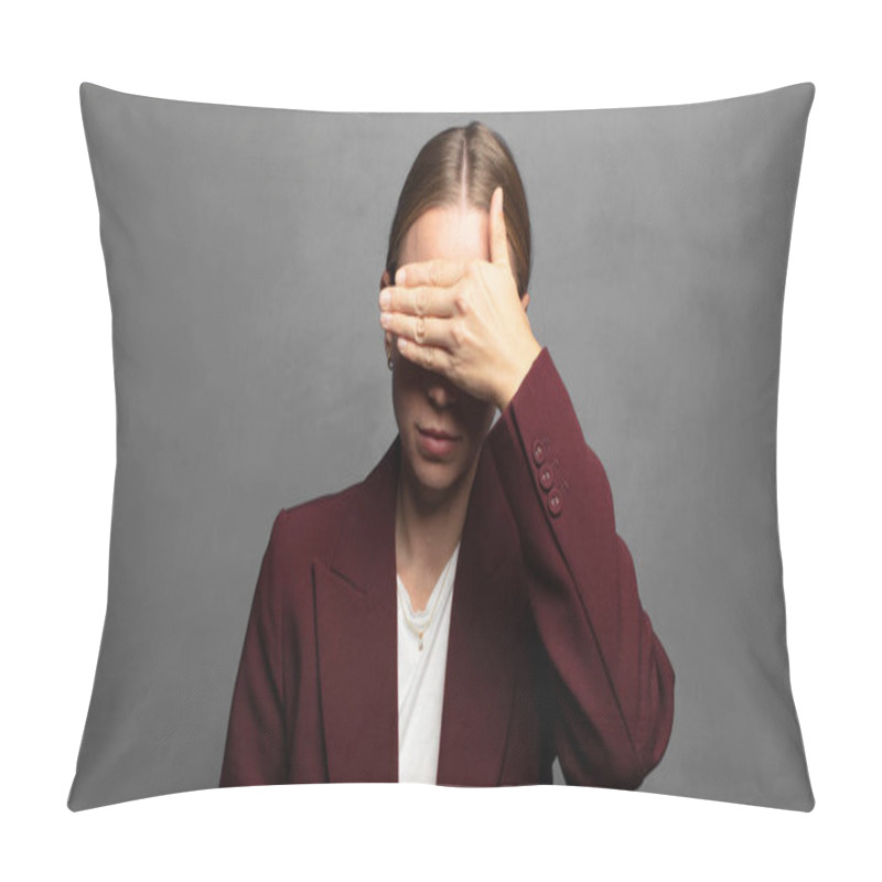 Personality  Covering Eyes With One Hand Feeling Scared Or Anxious, Wondering Or Blindly Waiting For A Surprise Pillow Covers