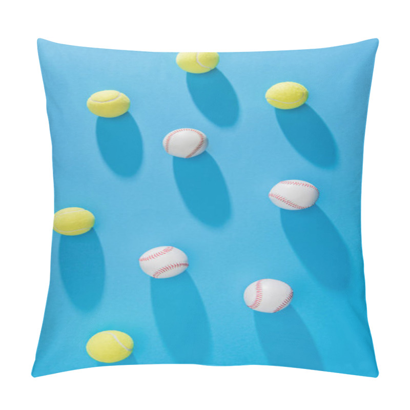 Personality  Top View Of Arranged Tennis And Baseball Balls On Blue Backdrop Pillow Covers