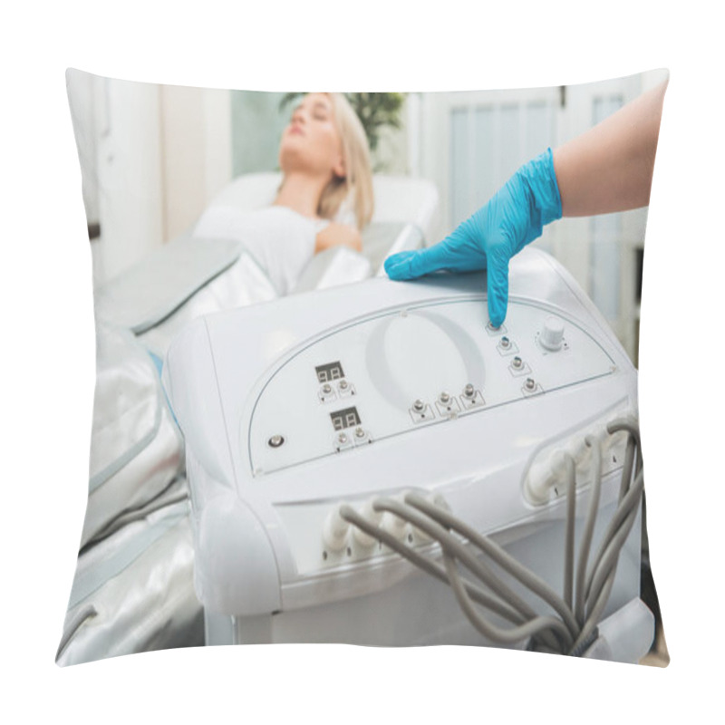 Personality  Cropped View Of Cosmetologist Setting Up Machine For Pressotherapy Pillow Covers